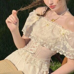 Lacemade Mousse Love Letter Top Sheer-Lined Bodice Lace-Up Off Shoulder M 34-36"